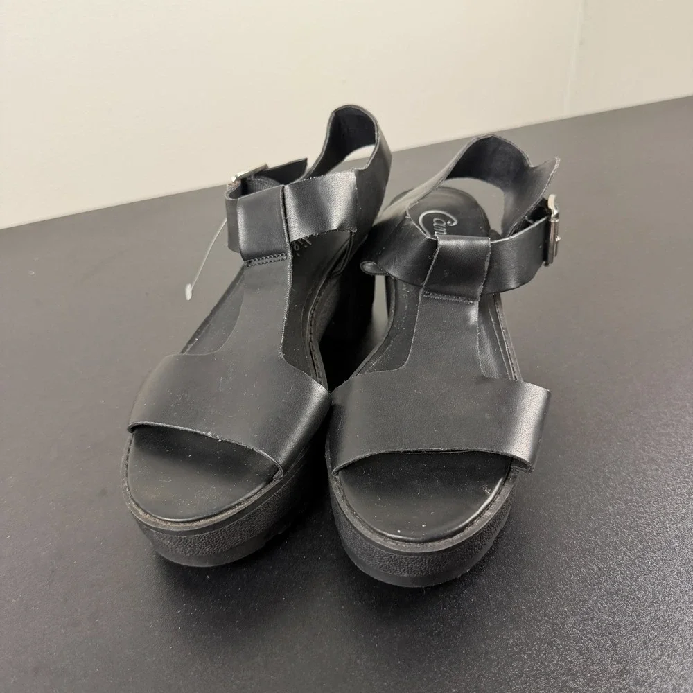 Candies Platform Sandals Women's 7M Black Leather T-Strap Chunky Buckle Heels